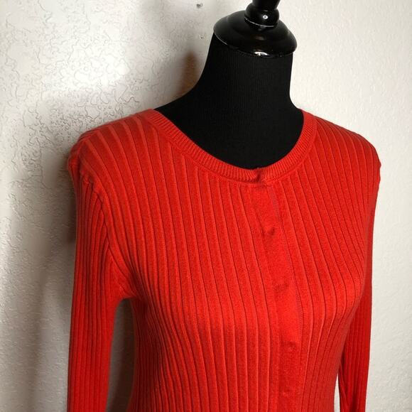 Cabi bright orange trumpet sleeve ribbed snap front cardigan size Small #5285 - Picture 3 of 14